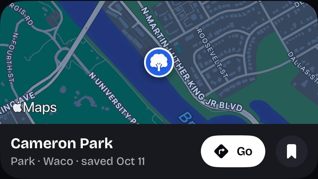 A saved place, Cameron Park, with a Go button.
