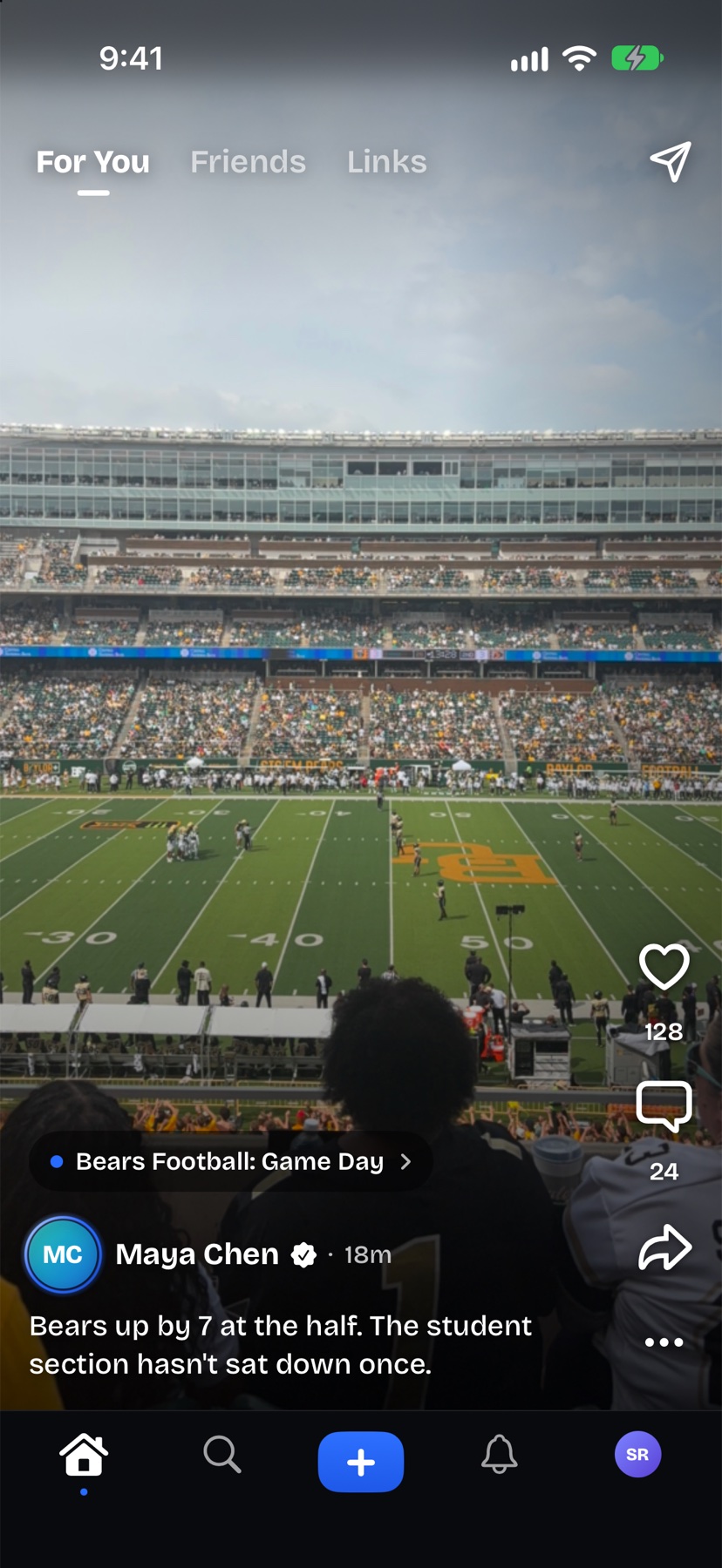 The Goings feed: a full-screen post from the Bears Football game, with like, comment and share buttons.