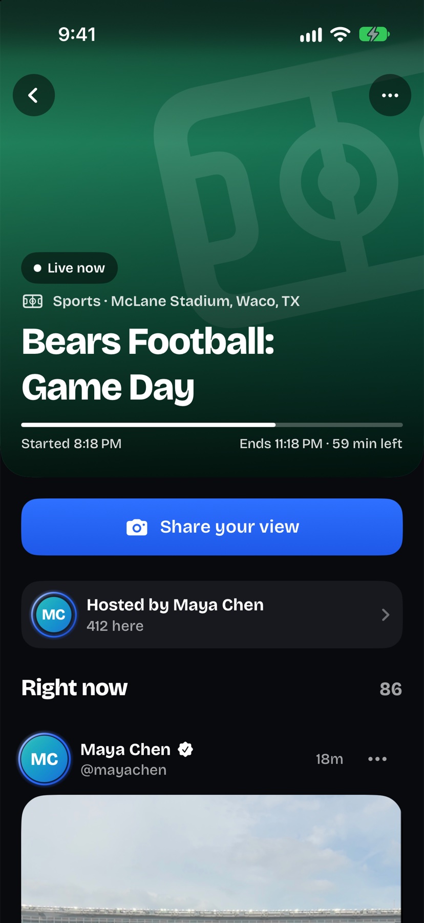 A live Link, Bears Football: Game Day, with a button to share your view.