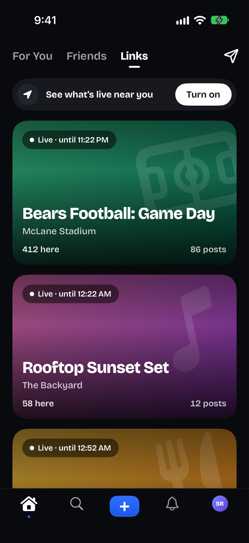 The Links tab: what’s live near you, and when each one ends.